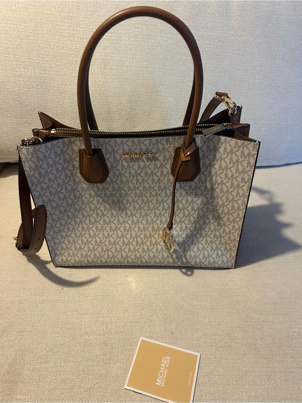 MICHAEL Michael Kors Vanilla/ Brown Logo Satchel with Gold Hardware